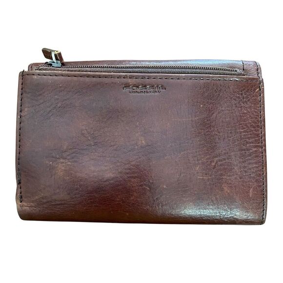 Fossil Tri-fold Snap Wallet Clutch Brown Leather Zip Coin Pocket - Picture 2 of 10